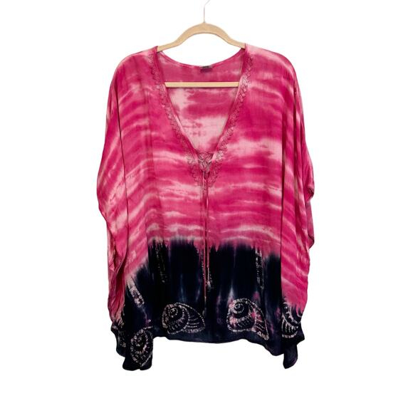 Shoreline Kaftan Swim Cover Up Pink Blue Tie Dye Lace Up Kimono Beach Summer OS - Picture 1 of 7